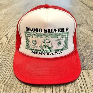 Vintage Foam & Mesh Rope Flat Brim Snapback Hat Cap 10,000 Silver $ Bar Montana